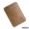 A brown genuine leather card holder with a stitched edge and embossed logo.