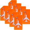 A set of five bright orange silicone luggage tags with silver clasps and white airplane shapes.