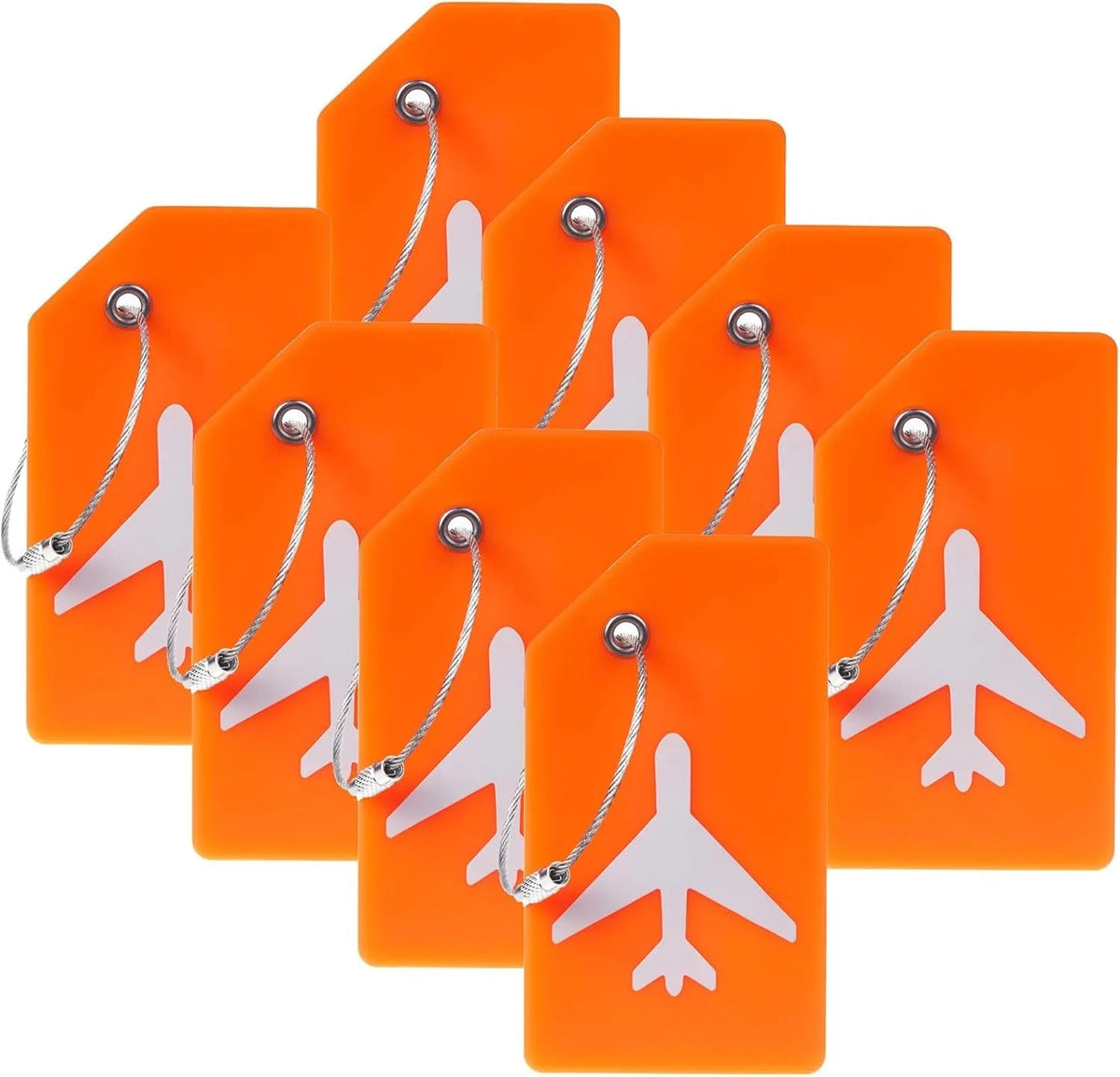 A set of five bright orange silicone luggage tags with silver clasps and white airplane shapes.