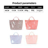 A set of three striped tote bags in pink, blue, and green colors.