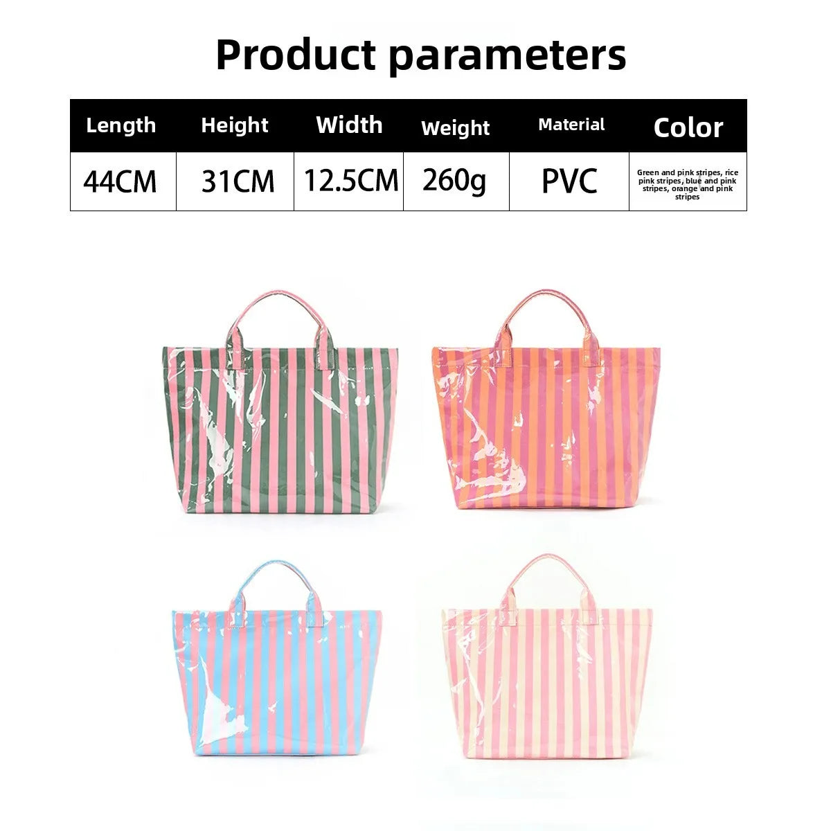 A set of three striped tote bags in pink, blue, and green colors.