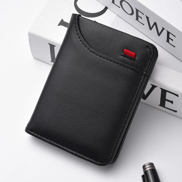 A black slim bi-fold wallet for men with multiple card slots resting on a white surface.
