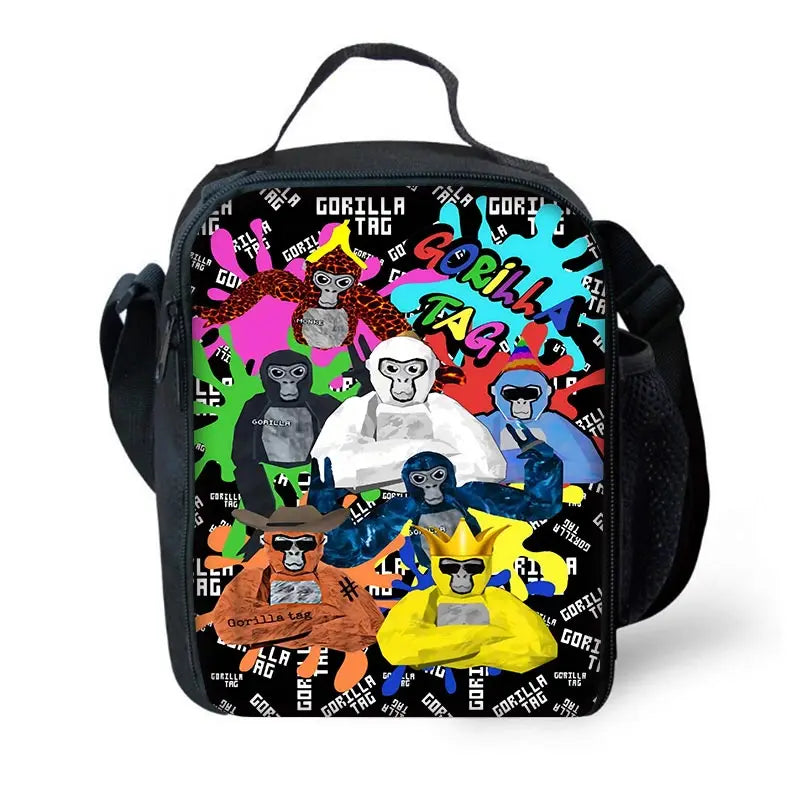 Un sac à dos noir avec un motif de gorille de la marque Tag et des couleurs vives.