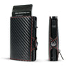 Black carbon fiber RFID pop-up card holder with a red stitching detail