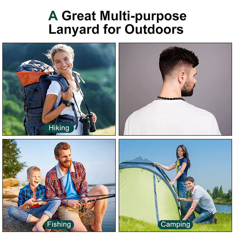 A multi-purpose lanyard for outdoors shown in use for hiking, fishing, and camping activities.