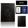 A black leather passport holder wallet featuring an embossed eagle design and text.