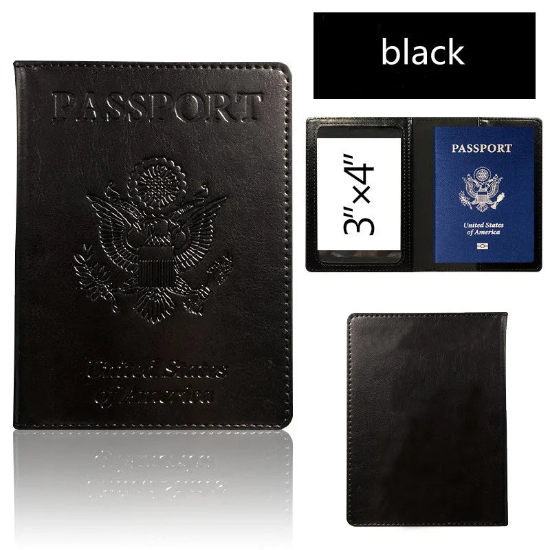 A black leather passport holder wallet featuring an embossed eagle design and text.