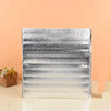 A rectangular silver insulated thermal food delivery bag with a textured aluminum foil lining.