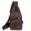 Sac bandoulière multifonction brun PU avec sangle noire, vue de dos.
