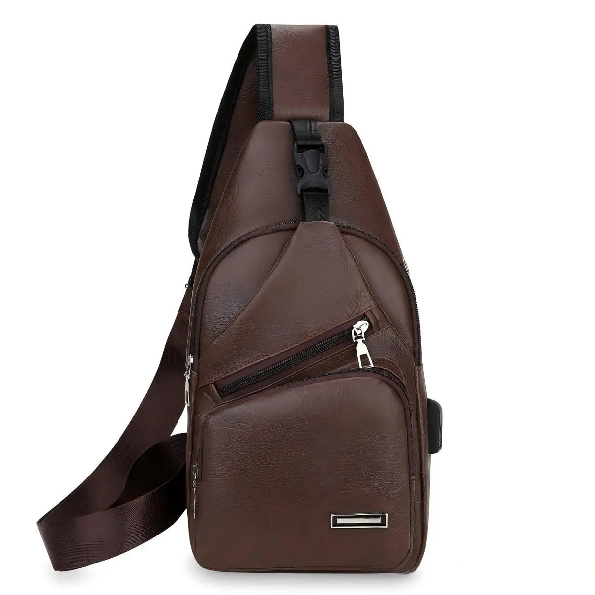 Sac bandoulière multifonction brun PU avec sangle noire, vue de dos.