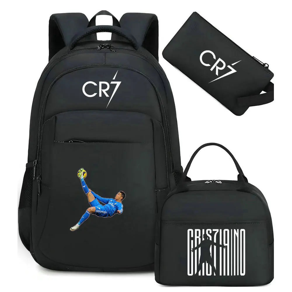 Black sports laptop backpack with a black rain cover and a soccer ball accessory.