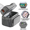 Gray insulated lunch bag showing three compartments: upper, bottom leakproof, and front pocket.