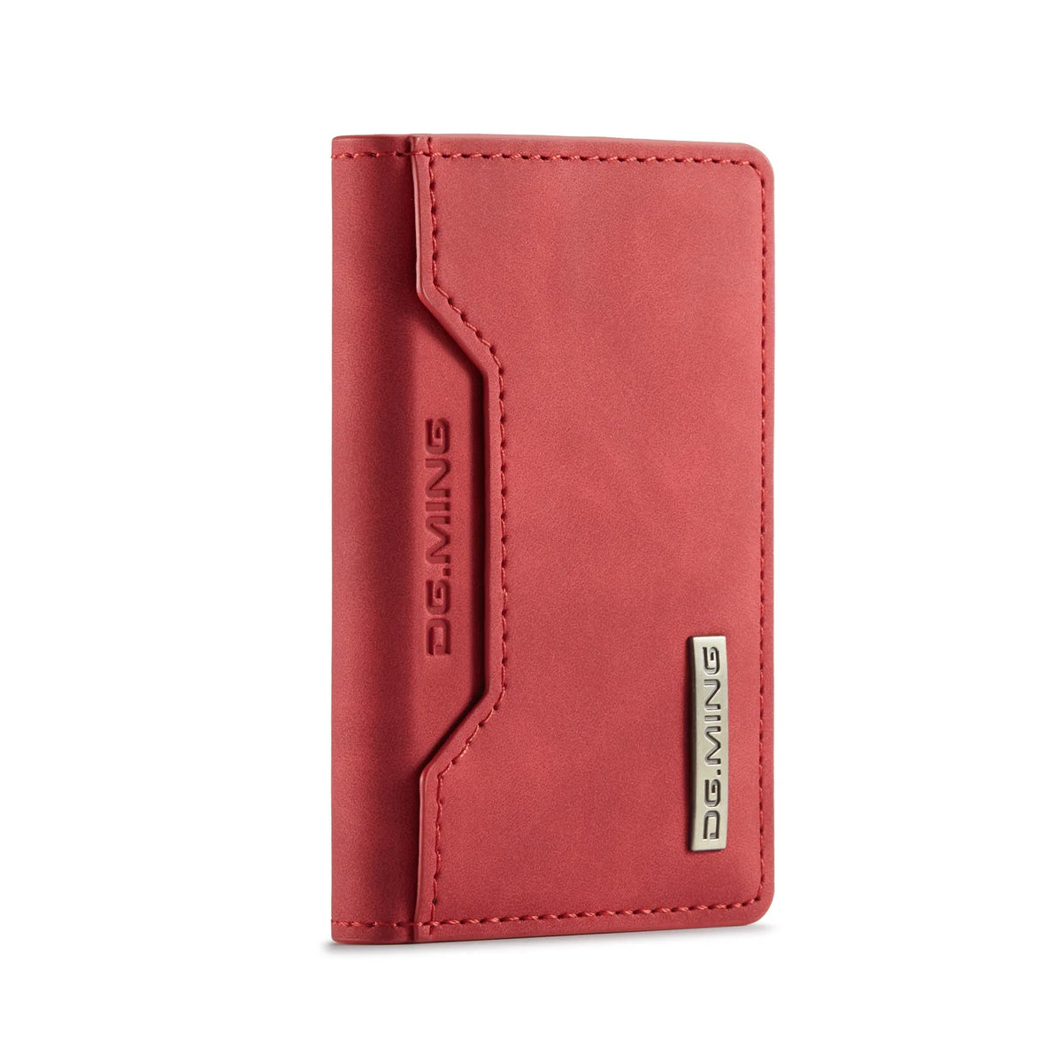A vertical, reddish-pink trifold magnetic card holder wallet with a stitched edge.
