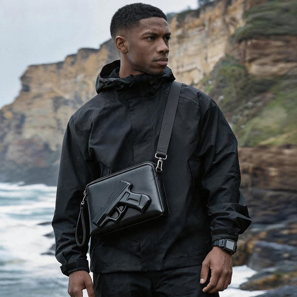A man wearing a black jacket and holding a black embossed crossbody clutch bag near the ocean.