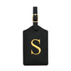 Black PU leather luggage tag with a gold initial S and a metal loop for attachment.