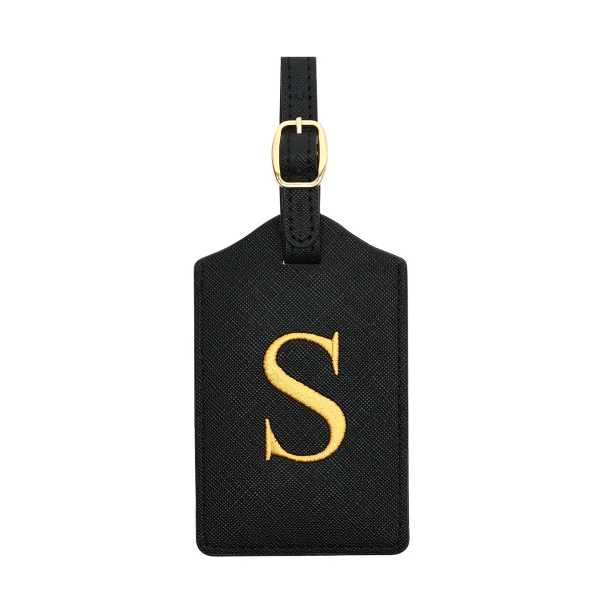 Black PU leather luggage tag with a gold initial S and a metal loop for attachment.