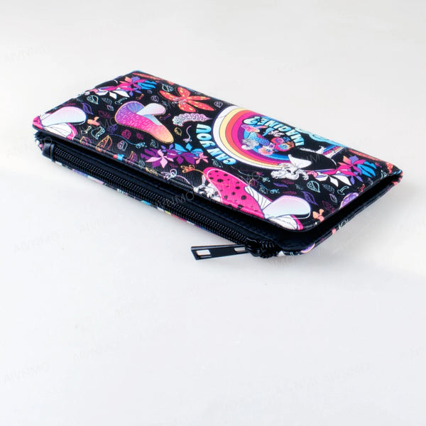 A colorful, patterned bifold wallet with a zipper and an ID window is shown lying flat.
