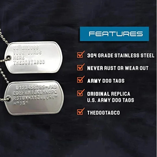 A set of two stainless steel military dog tags on a chain with features listed.