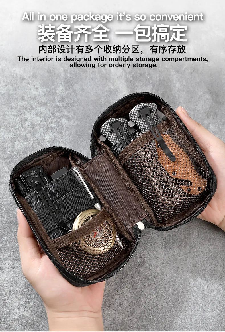 A hand holds an open dark brown organizer pouch revealing multiple compartments for storing tools and accessories.