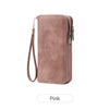 A pink leopard print RFID-blocking tri-fold wallet with a wrist strap.