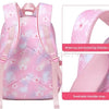 Pink Oxford cloth school backpack with pink floral pattern showing shoulder straps