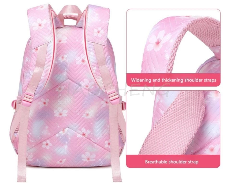 Pink Oxford cloth school backpack with pink floral pattern showing shoulder straps