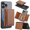 Portefeuille étui en cuir marron pour iPhone, montré en différentes configurations pliées et ouvertes.