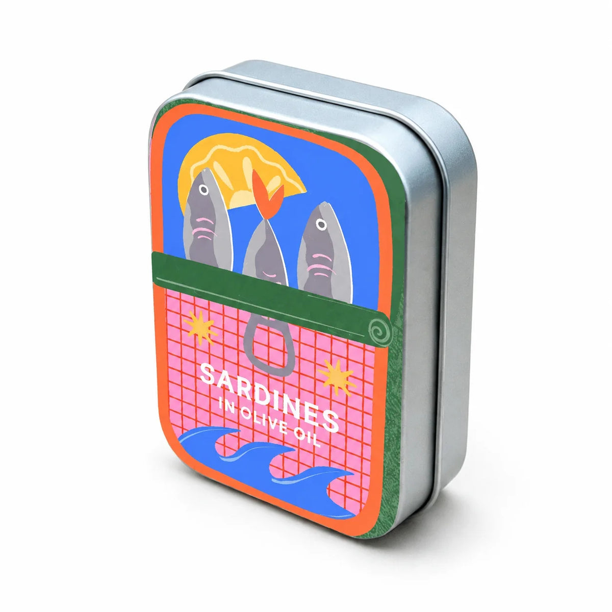A silver metal box with a colorful print of sardines in olive oil on the lid.