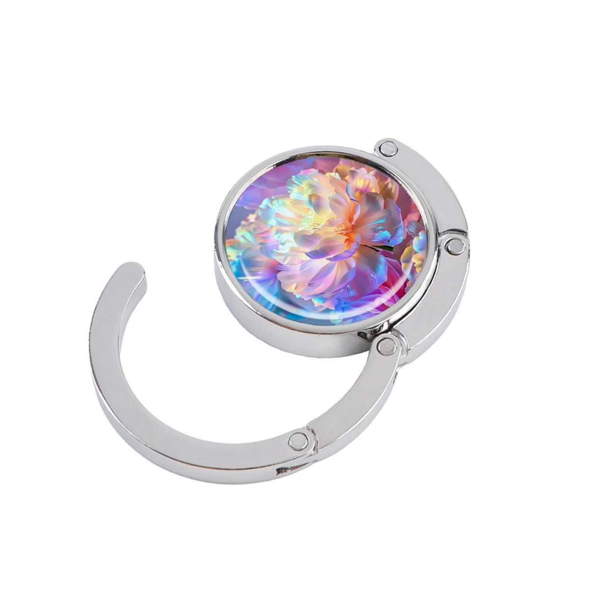 Silver folding table bag hook with a round, iridescent marble-like gemstone charm.