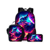 A purple and blue wolf cartoon design on a black backpack, lunch bag, and pencil case set.