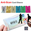 A collection of anti-scan RFID card sleeves in various colors, with one sleeve demonstrating RFID protection on an ID card.