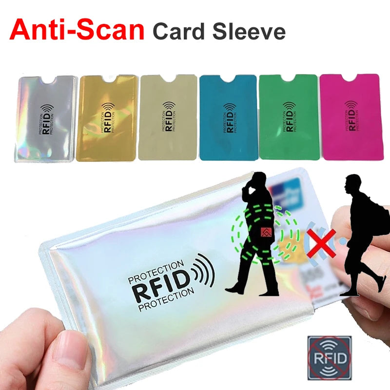 A collection of anti-scan RFID card sleeves in various colors, with one sleeve demonstrating RFID protection on an ID card.