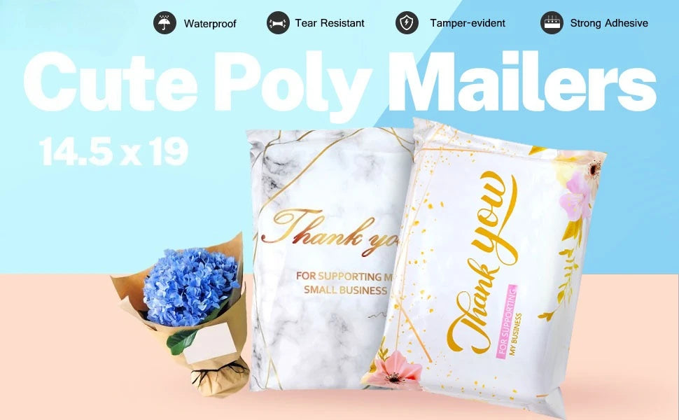 A stack of cute poly mailers with thank you messages and a bouquet of blue flowers.
