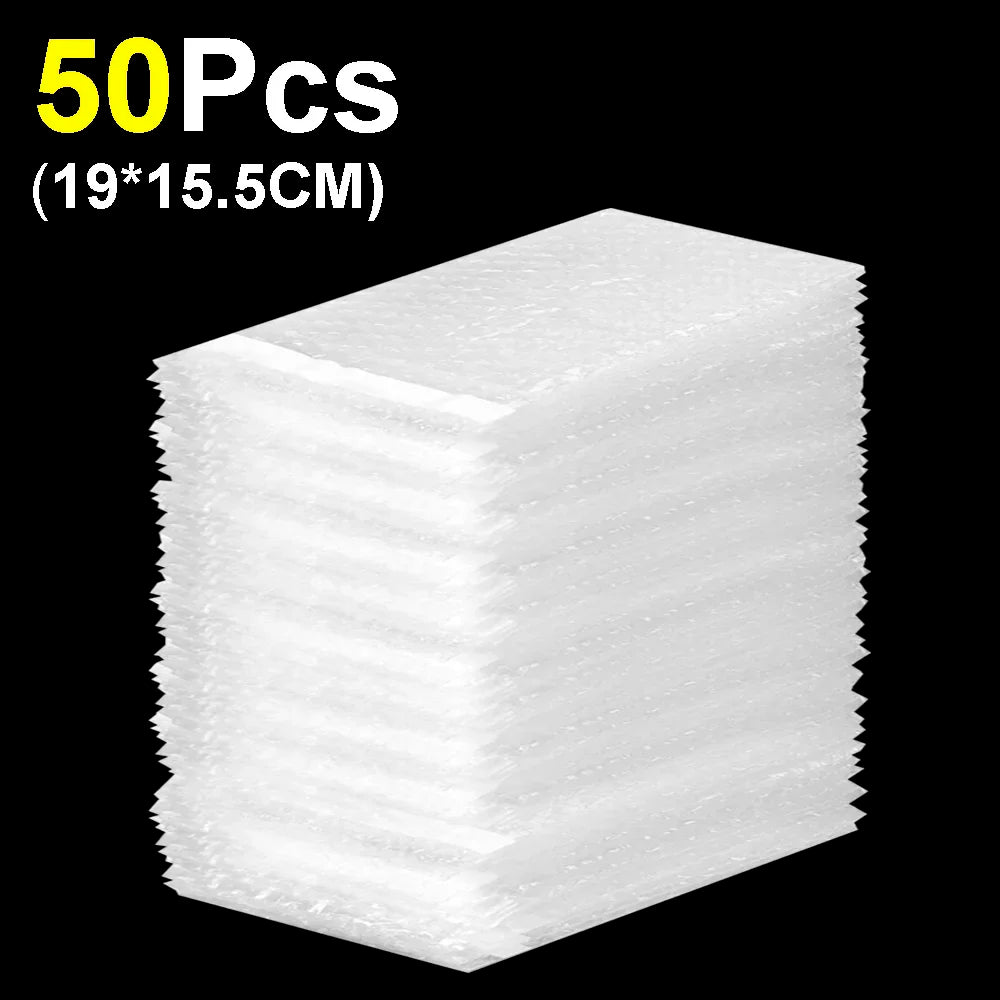 A stack of 50 self-sealing bubble mailer bags with protective cushioning, measuring 19 by 15.5 cm.