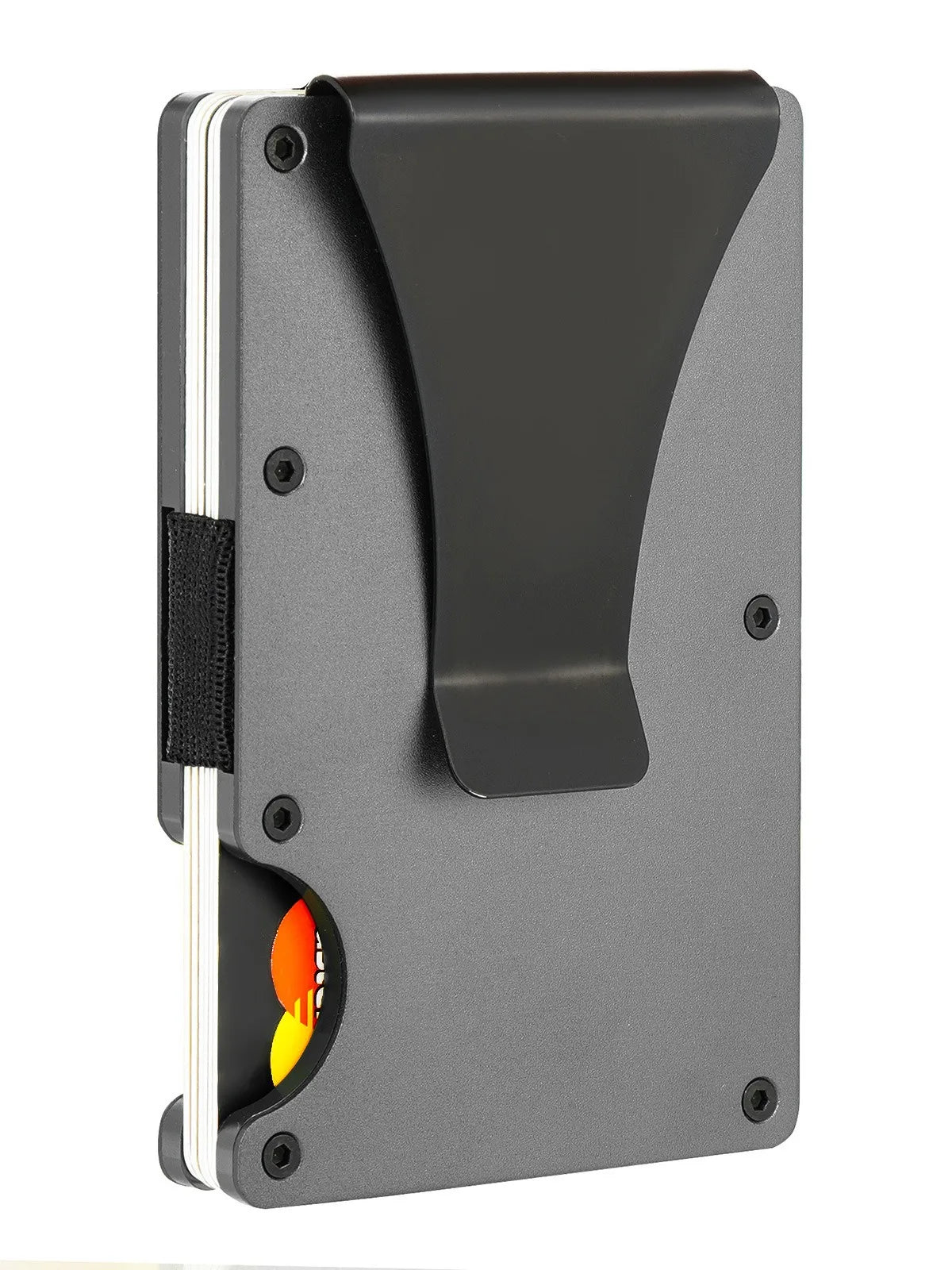Cartera minimalista de aluminio para bloquear RFID, vista de lado, con exterior gris oscuro y tira protectora negra.
