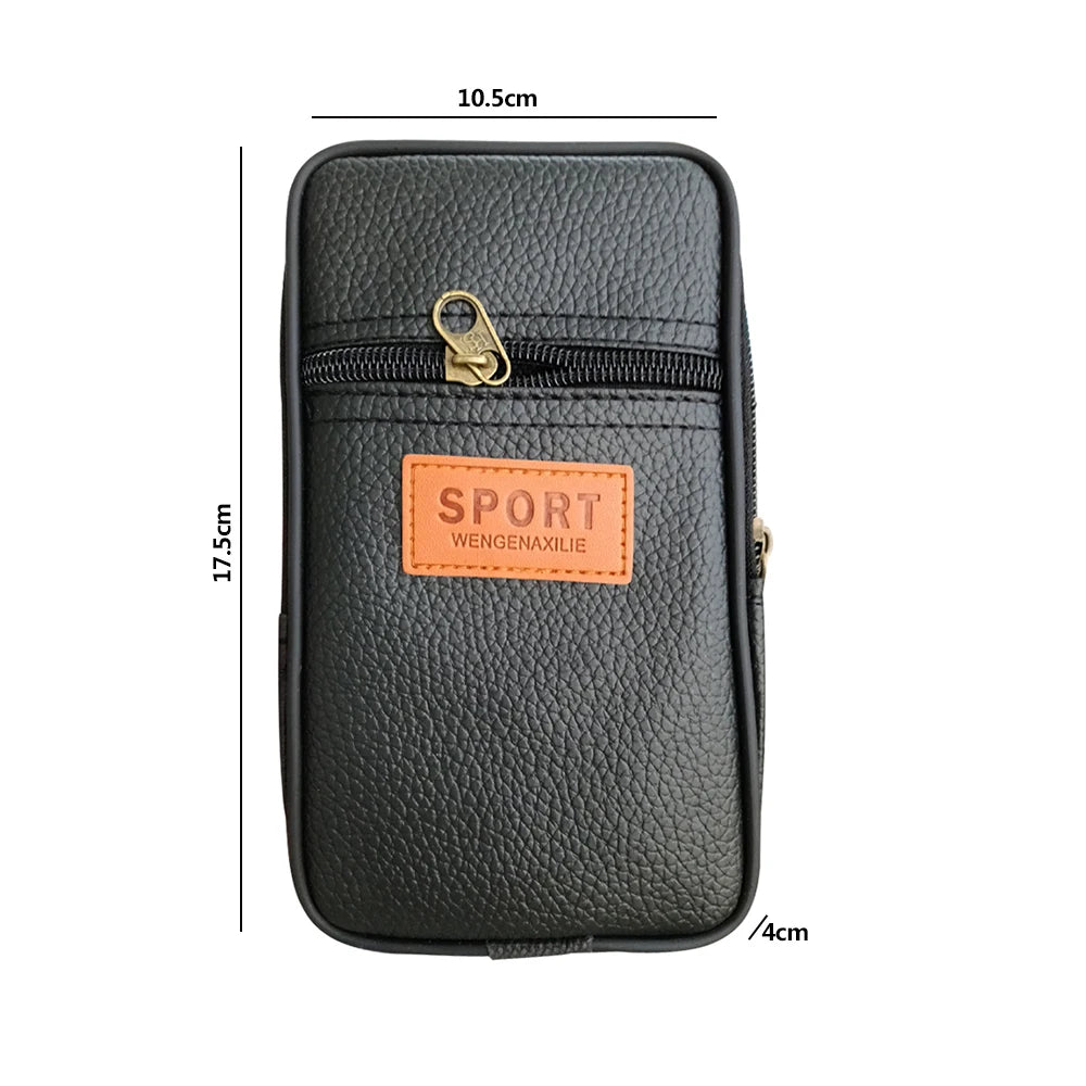 Black leather sports pouch with a gold clasp and an orange label featuring the word SPORT