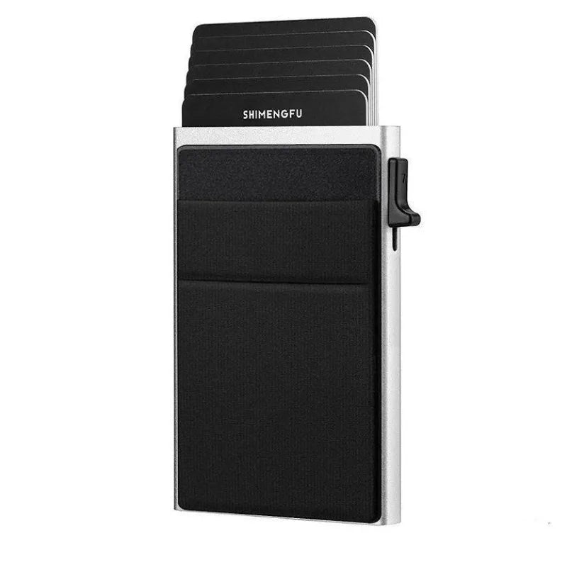 Porte-cartes de poche avec support, finition argentée et métal noir.