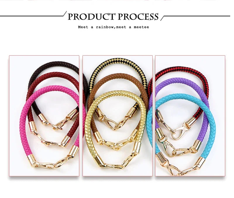 A collection of colorful PU leather replacement bag straps with metal buckles shown in various colors and angles.