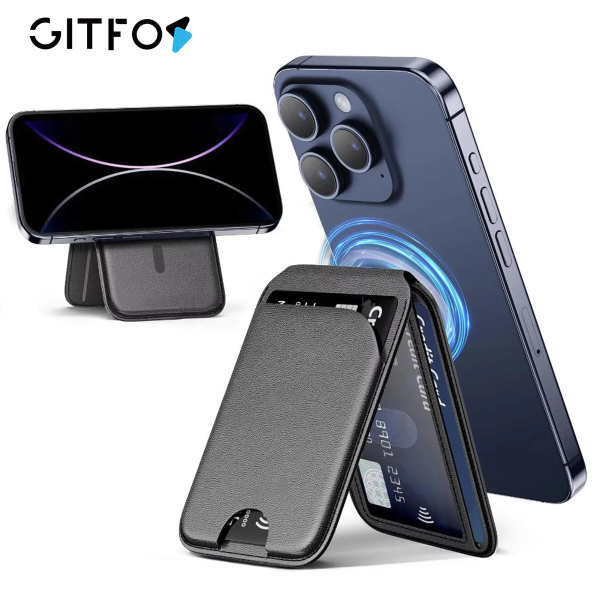 Un iPhone bleu foncé avec un support de téléphone portefeuille magnétique.