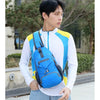 A man wearing a white shirt and jeans is holding a blue and yellow multi-functional nylon chest sling bag.