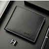 A black men's PU leather folding wallet resting on a dark surface next to a pen.