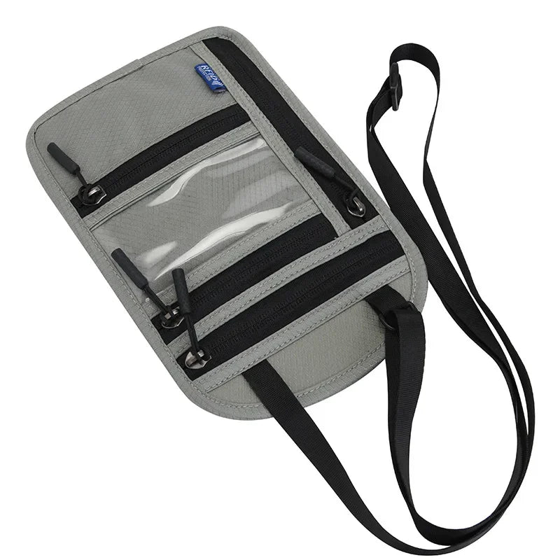 Gray RFID blocking neck wallet with clear window and black strap