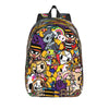 A colorful, patterned sport backpack featuring various cartoon and character designs.