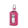 A pink leather car key case with a transparent window and a silver padlock.