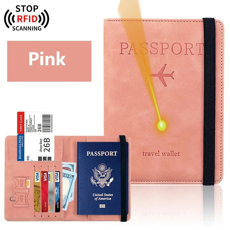 Pink elegant PU leather passport holder wallet with RFID scanning protection