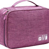 A purple portable digital organizer storage pouch with a zipper and power icons printed on the front.