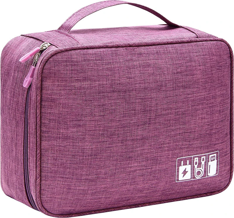 A purple portable digital organizer storage pouch with a zipper and power icons printed on the front.