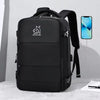 A black expandable travel backpack with a logo on the front, shown next to a smartphone.