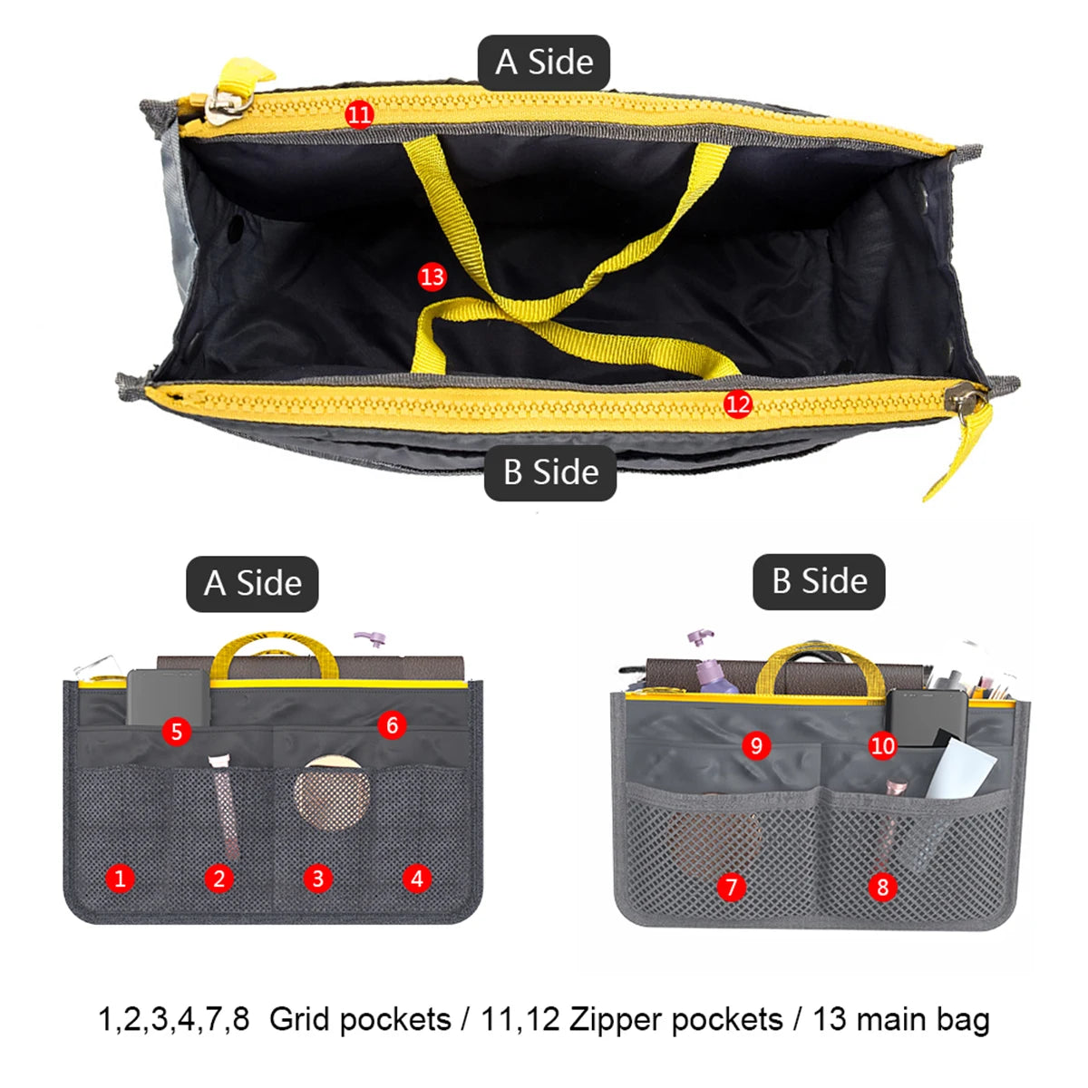 A side and B side views of a multi-pocket organizer tote bag with grid pockets and zipper pockets