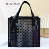 Black mesh storage bag filled with various glass makeup bottles and containers